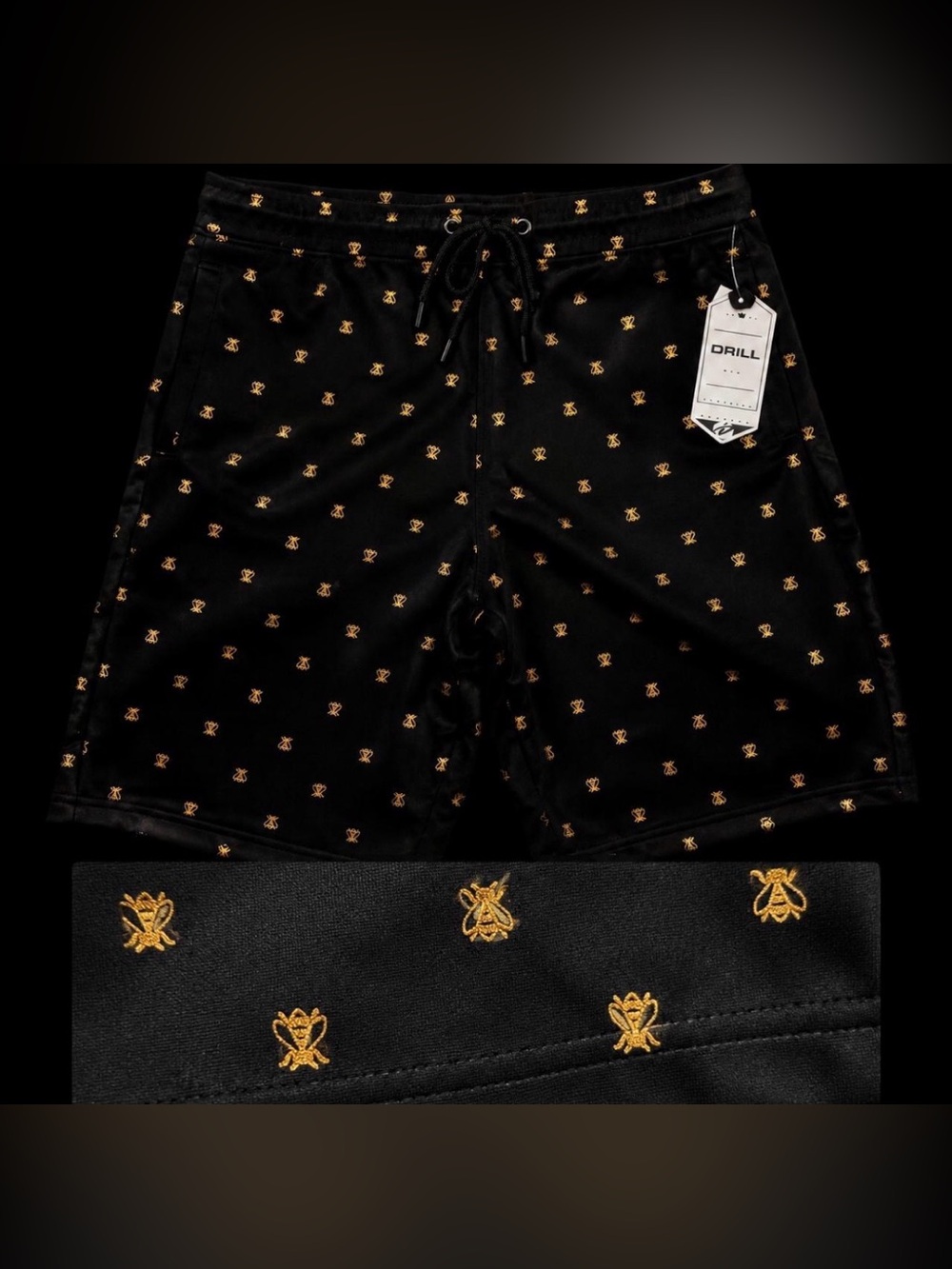 Drill Clothing Company Black & Gold Bee Print Shorts - Size M - NWT